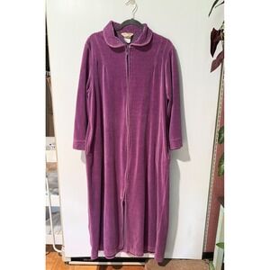 Vintage Norm Thompson Velour Housecoat Robe Purple L Embroidered Grandma Chic